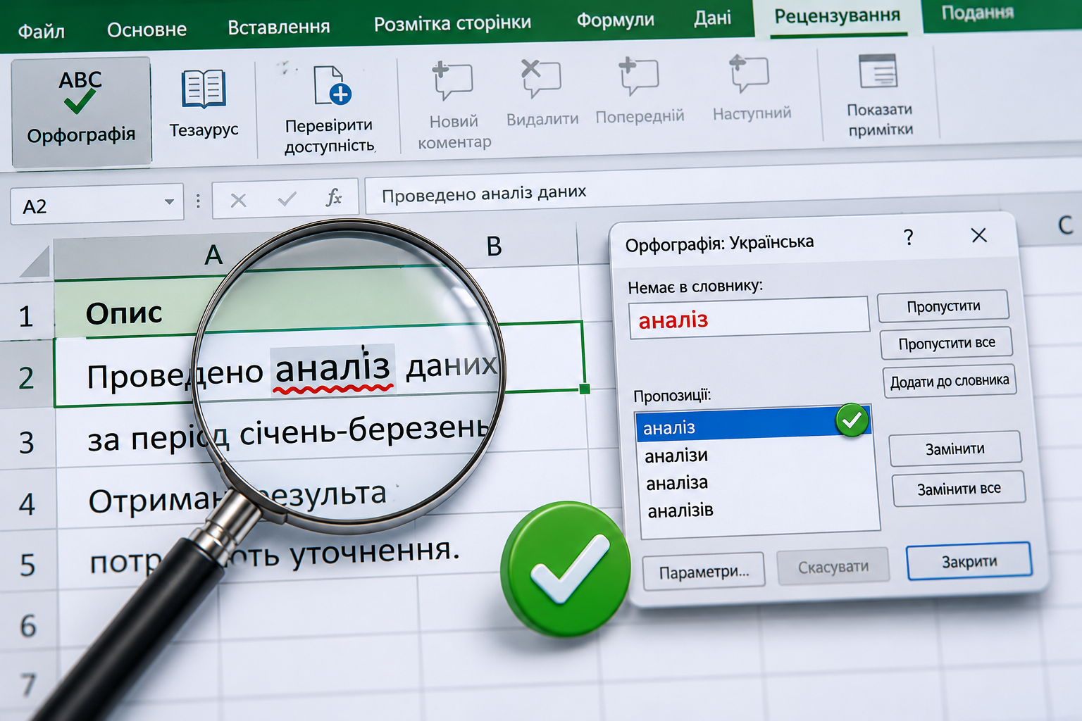 Як перевірити текст на орфографію в MS Excel?